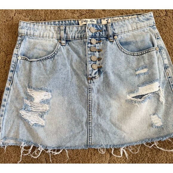 Indigo Rein Button Front Distressed Frayed Hem Denim Mini Jean Skirt Blue Size 7 - Picture 1 of 9